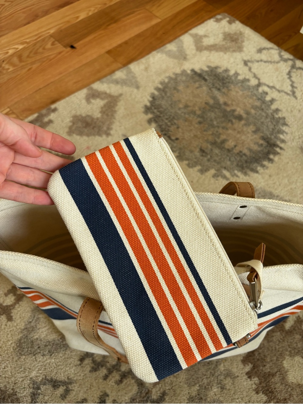 Rare Y2K L.L. Bean Boat and Tote with Leather Straps and Orange Stripe - Picture 3 of 14